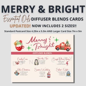 May include: A set of printable Christmas diffuser blend cards featuring illustrations of a snowman in a mug, a red truck with a Christmas tree, a candy cane, a Christmas tree, a sugar plum fairy, a sloth, a Santa Claus, and a house. The cards are titled "Merry & Bright" and include the text "Diffuser Blends".