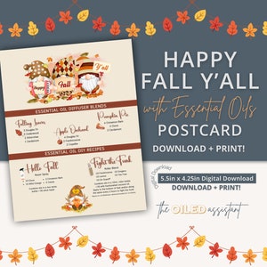 Könnte beinhalten: Eine druckbare Postkarte mit Herbstthema, die Gnome und Herbstblätter zeigt. Die Postkarte enthält ätherische Öl-Diffuser-Mischungen und DIY-Rezepte mit Titeln wie "Fallende Blätter", "Apfelplantage", "Kürbiskuchen", "Hallo Herbst" und "Kämpfe gegen den Blues". Der Text "Happy Fall Y'all with Essential Oils" befindet sich oben auf der Postkarte.