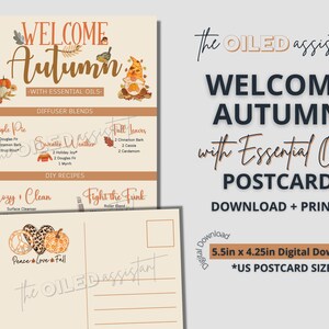 Puede incluir: Postal imprimible con temática otoñal. La postal presenta un gnomo, calabazas y hojas. El texto de la postal dice "Bienvenido otoño con aceites esenciales Postal Descargar + Imprimir!" y "5.5 pulgadas x 4.25 pulgadas Descarga digital *TAMAÑO DE TARJETA POSTAL DE EE. UU.*"