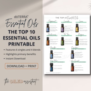 Peut inclure: Une affiche imprimable présentant les 10 principales huiles essentielles, dont la menthe poivrée, la lavande et le citron. L'affiche met en évidence les principaux avantages et présente 6 simples et 4 mélanges. Le texte indique "Huiles essentielles".