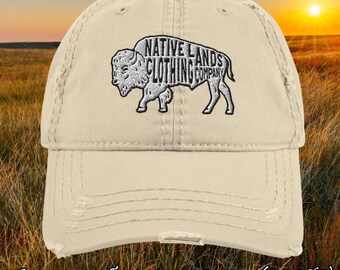 Bison Embroidered Distressed Dad Hat - Honoring First Nations, Inuit, Native American Indigenous Cultures