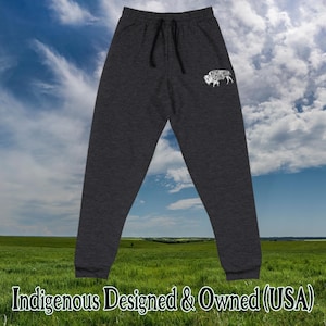 May include: Dark gray sweatpants with a drawstring waist and a white graphic of a bison and text. The text "Native Lands Outfitters" is above the bison. The text "Indigenous Designed & Owned (USA)" is at the bottom.
