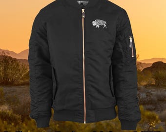 Unisex Bison Embroidered Bomber Jacket - Honoring First Nations Inuit Native American Indigenous Cultures