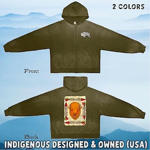 Sudadera con capucha de algodón lavado con mono, deshilachada a mano y con cremallera (delante/detrás) de Bison Arrows, de Primeras Naciones, canadiense, aborigen, indígena, nativo americano