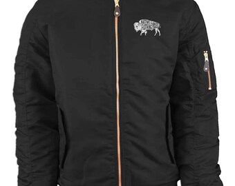 Bison Embroidered Bomber Jacket, Indigenous Streetwear Flight Coat, Native American Buffalo Outerwear, Classic MA1 Quilted Lined Jacket