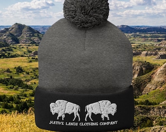 Bisons Embroidered Pom-Pom Beanie - Honoring First Nations, Inuit, Native American Indigenous Cultures