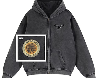 Cherokee Nation Eagle Fleece Zipper Hoodie, Indigenous Streetwear Zip Up Jacket, Native American Tribal Winter Coat, Front Back Print Fleece