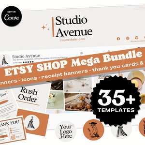 May include: A digital product bundle for Etsy shops featuring 35+ templates for banners, icons, thank you cards, and images. The bundle includes a variety of designs in a neutral color palette with a modern aesthetic. The text "Etsy Shop Mega Bundle" is featured in a bold, retro font.