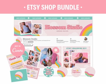 Pink Etsy Shop Kit for Etsy Sellers | Editable Branding Kit Canva | Etsy Shop Bundle | Listing Banner Mockup | Boho Floral Groovy Aesthetic