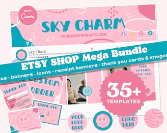 Boho Etsy Shop Kit: Pink Branding Templates for Canva (Digital Download
