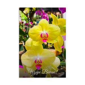 Alles Gute zum Geburtstag Postkarte auf Ukrainisch – Gelbe Orchidee Grußkarte, Blumengrußkarte, Geschenk Ukrainisch, Minimalistisches Briefpapier