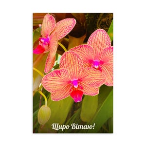 Alles Gute zum Geburtstag Postkarte auf Ukrainisch - Pinke Orchidee Grußkarte, Blumen Geburtstagskarte, Geschenk in Ukrainischer Sprache, Minimalistisches Briefpapier