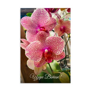 Alles Gute zum Geburtstag Postkarte auf Ukrainisch – Rosa Orchidee Grußkarte, Blumen Geburtstagskarte, Geschenk Ukrainische Sprache, Minimalistisches Briefpapier