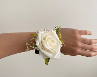 White Rose Flower Wrist Corsage with Pearl Bracelet - Weddings and Formals