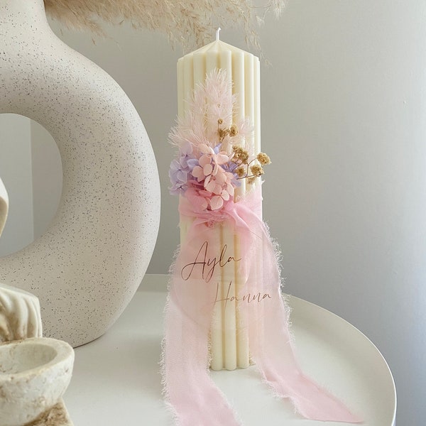 Large Personalised Custom Pillar Christening Candle with Perserved Florals - Baptism Candle  - Unity Candle