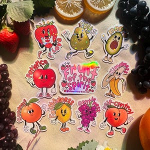 Fruit of the Spirit-stickers | Bijbelstickerset | Sprankelende retrofiguren | Christelijke fruitstickers | Girly Faith-stickers