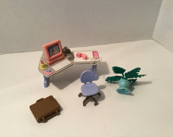 1997 Fisher Price Dollhouse Office Desk Chair Plant Briefcase Computer ...