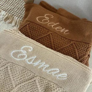 NEW - Personalised Knitted Baby Blanket - Diamond Pattern - Personalized Embroidery Name -  Baby Gift - Cotton knitted blanket