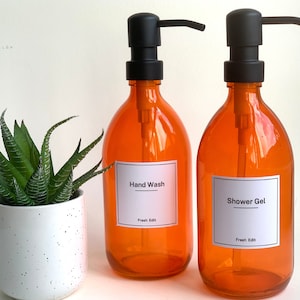Orange apothecary glass 500ml pump soap dispenser black pump with wipeable vinyl sticker label | For kitchen or bathroom | Customisable