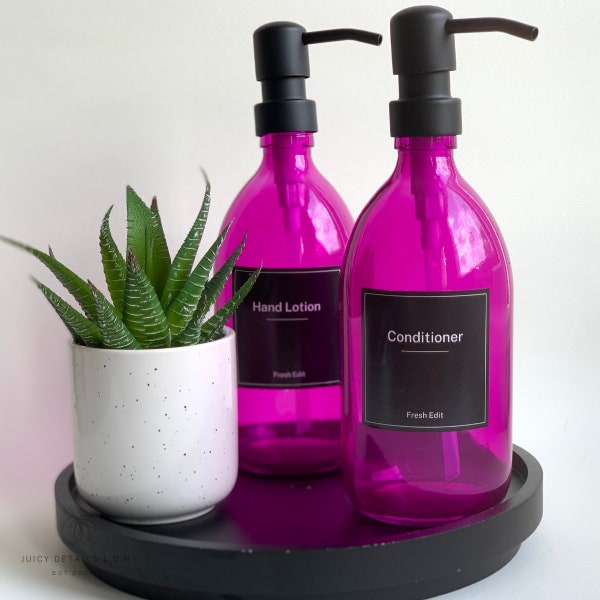 Hot Pink/Magenta glass 500ml pump soap dispenser black pump and black wipeable vinyl sticker label | Beauty Cosmetic label