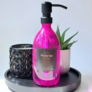 Hot Pink/Magenta glass 500ml pump soap dispenser black pump and black wipeable vinyl sticker label | Beauty Cosmetic label