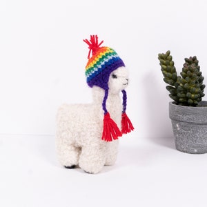 Needle Felted Alpaca Figurines w/ Rainbow Chullo Hat, Handmade Felted Ornament, Made with Alpaca Wool image 1