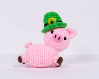 Crochet Stuffed Pig W/ St Patricks Hat | Mini Pig Plush