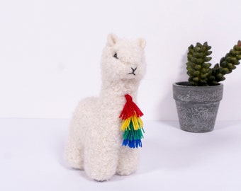 Needle Felted Alpaca Figurines w/ Rainbow Tassel, Handmade Felted Ornament, Made with Alpaca Wool