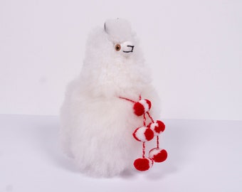 Mini Llama Plush,Red & White Pom Pom Necklace, Made with Alpaca Fur