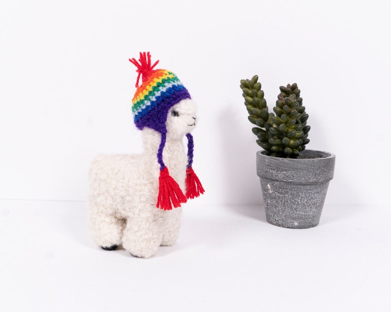 Needle Felted Alpaca Figurines w/ Rainbow Chullo Hat, Handmade Felted Ornament, Made with Alpaca Wool image 1