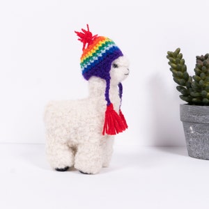 Needle Felted Alpaca Figurines w/ Rainbow Chullo Hat, Handmade Felted Ornament, Made with Alpaca Wool image 2