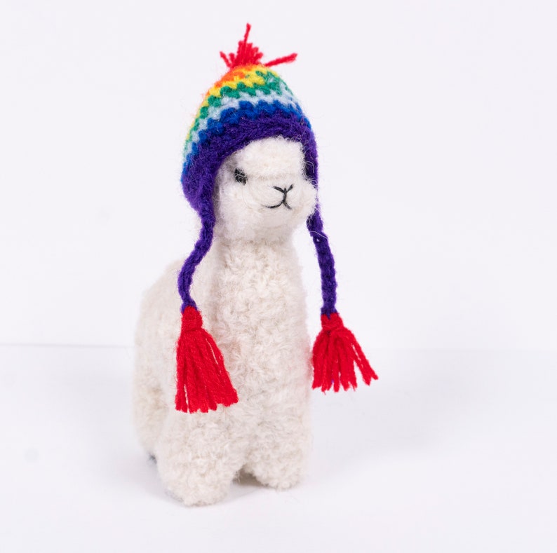 Needle Felted Alpaca Figurines w/ Rainbow Chullo Hat, Handmade Felted Ornament, Made with Alpaca Wool image 5