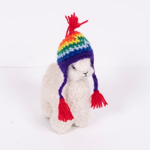 Needle Felted Alpaca Figurines w/ Rainbow Chullo Hat, Handmade Felted Ornament, Made with Alpaca Wool image 6