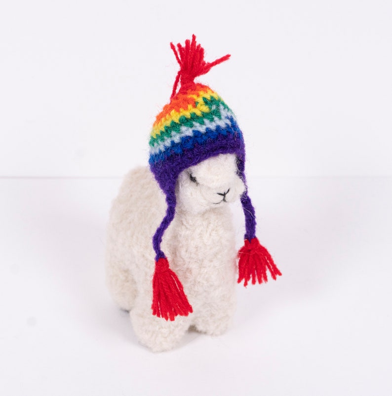 Needle Felted Alpaca Figurines w/ Rainbow Chullo Hat, Handmade Felted Ornament, Made with Alpaca Wool image 6