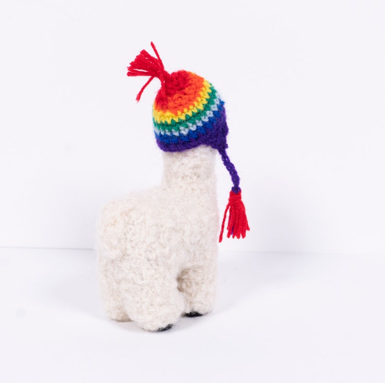 Needle Felted Alpaca Figurines w/ Rainbow Chullo Hat, Handmade Felted Ornament, Made with Alpaca Wool image 3