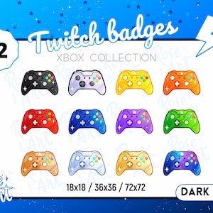 May include: A digital illustration of 12 Xbox controller Twitch badges in various colors, including black, white, yellow, orange, red, blue, purple, green, and tan. The text "Twitch badges" and "XBOX COLLECTION" are displayed.