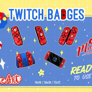 May include: A digital illustration featuring red and blue game controllers and a console, with the text "TWITCH BADGES" and "Mario Edition." The design includes a mushroom and stars on a blue grid background, with the text "READY TO USE."