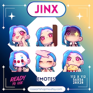 May include: A digital art graphic featuring six different emotes of a character with blue hair and pink eyes. The word "JINX" is at the top. The emotes are labeled "READY TO USE" and "EMOTES". The image includes the Etsy shop URL and size dimensions.