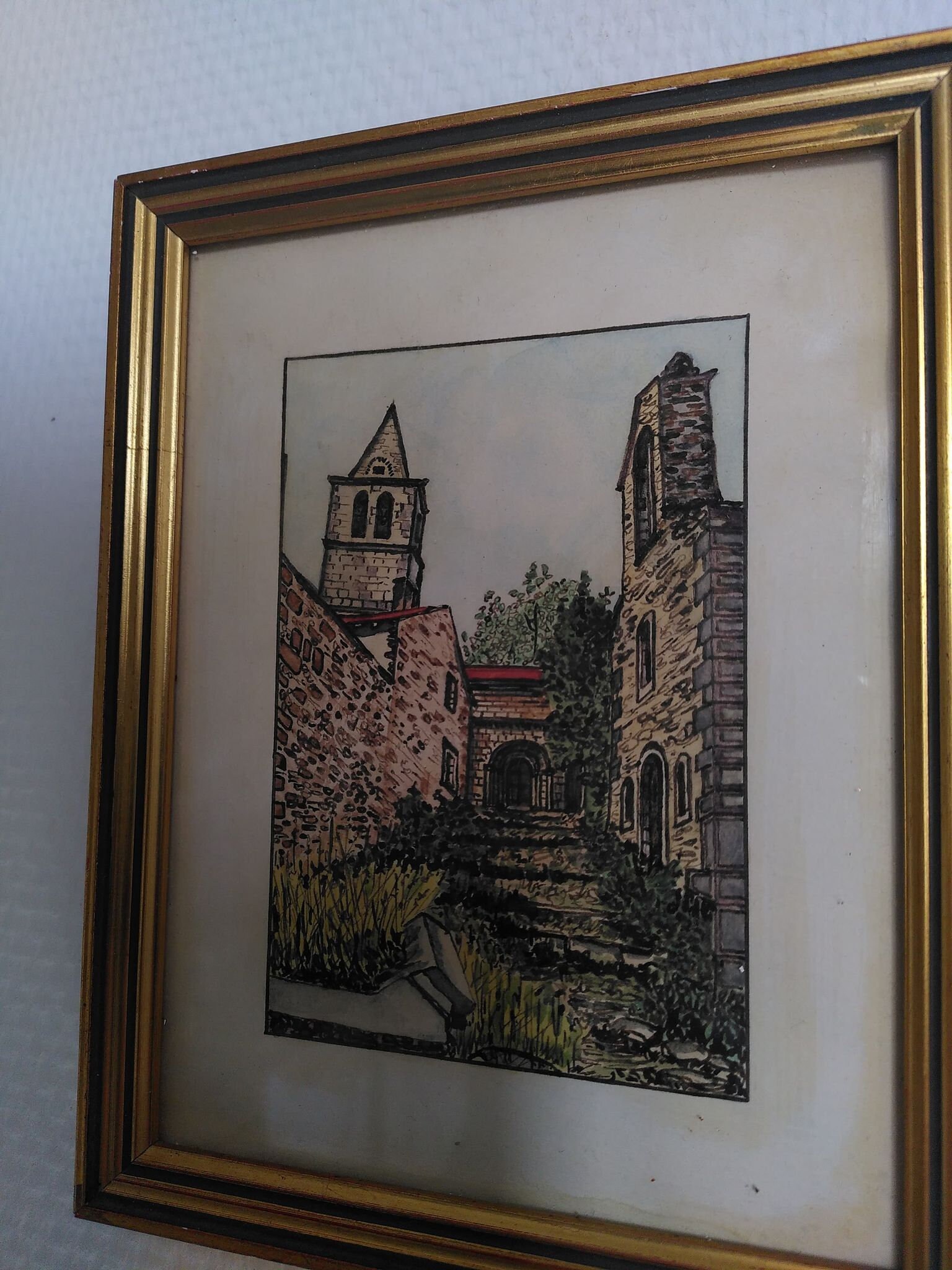 Petite Aquarelle Ancienne d'un Village