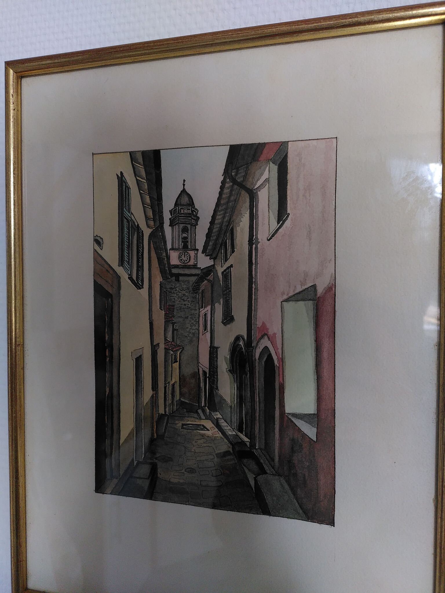 Aquarelle Ancienne Vue d'une Rue