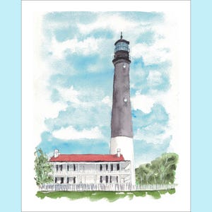 May include: Watercolor painting of a tall, black and white lighthouse with a red roofed building in front of it. The lighthouse is set against a blue sky with white clouds.