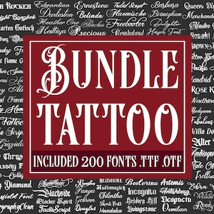 Puede incluir: Un paquete de fuentes digitales con la palabra "BUNDLE TATTOO" en blanco sobre un fondo rojo oscuro. La imagen incluye el texto "INCLUDED 200 FONTS .TTF .OTF" y una variedad de estilos de fuente blancos sobre un fondo gris oscuro.