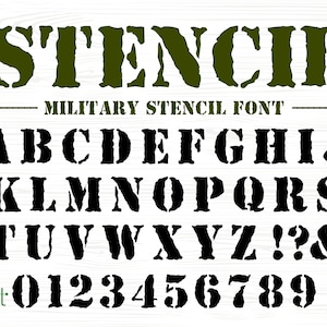 May include: Military stencil font alphabet with uppercase letters, numbers, and punctuation marks. The letters are in a bold, blocky style with a distressed, worn look. The font is set against a woodgrain background.