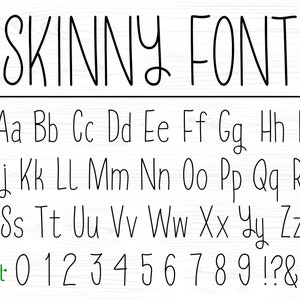 May include: A black and white image displaying the words "SKINNY FONT" above an alphabet and numbers. The alphabet includes uppercase and lowercase letters, and the numbers are from 0 to 9, along with punctuation marks.
