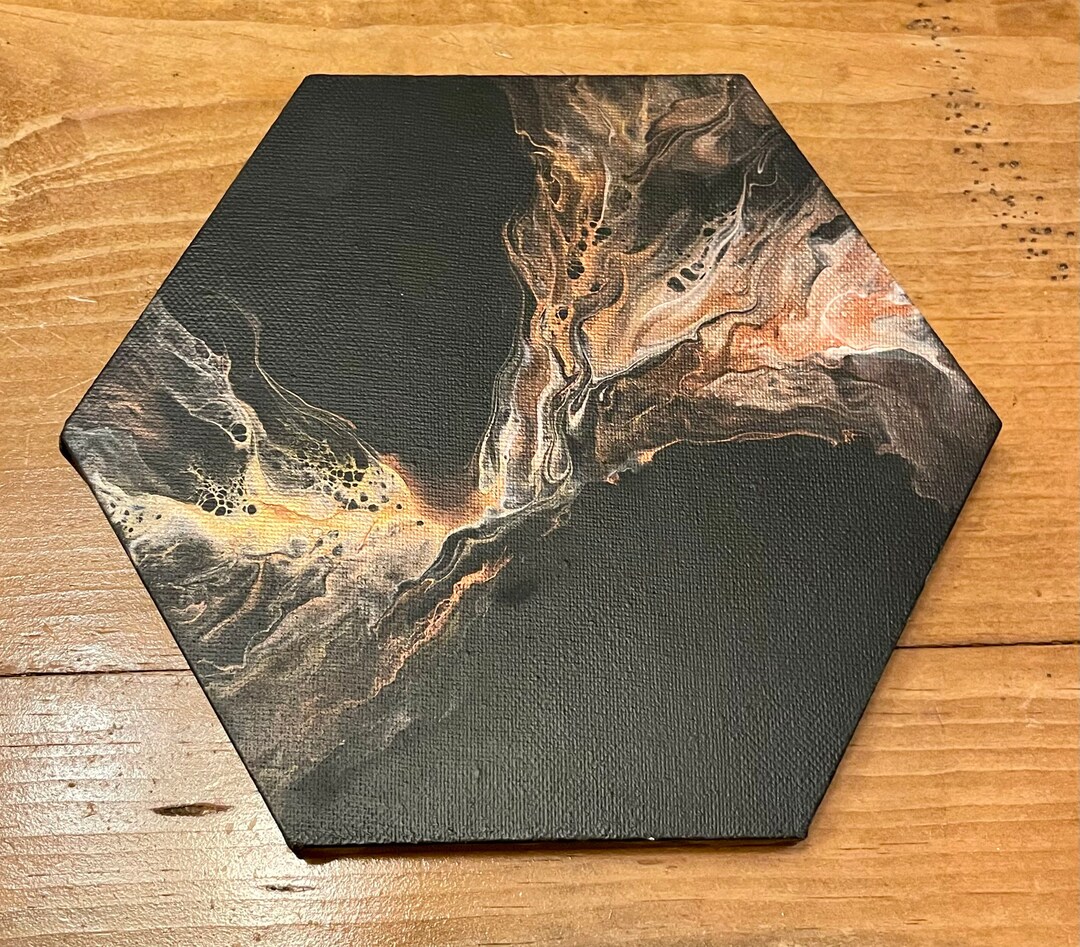 Metallic & Black Acrylic Dutch Pour Painting, Fluid Art 8” Hexagon ...