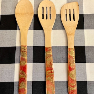 Unique Red & Gold Resin on Wood Serving Spoons, Bespoke Bamboo Cooking Utensils Functional Art Kitchen Decor Birthday Holiday Christmas Gift