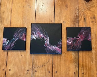 Small Space Fluid Art Triptych, Two 6x6” & One 8x8” Canvas Acrylic Dutch Pour Painting, Home Decor, Wall Art, Gift for Her, Couple’s Gift