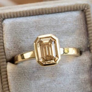 Emerald Cut Yellow Diamond Engagement Ring in Bezel Setting, Lab Grown Diamond Solitaire Ring, Wedding Ring for Women, Anniversary Gift Ring