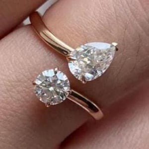 Pear & Round Cut Lab Grown Diamond Engagement Ring, Toi Et Moi Wedding Ring, 14K Gold Two Stone Open Cuff Gold Ring, Adjustable Bypass Ring