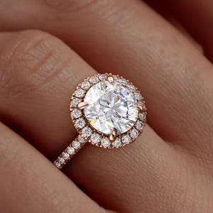 Anello con diamante taglio brillante rotondo da 2,0 carati, anello di fidanzamento con alone, anello con diamante taglio brillante DE/VS1, anello con diamante incastonato in pavé per lei